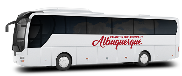 a plain white charter bus with a Albuquerque charter bus company logo